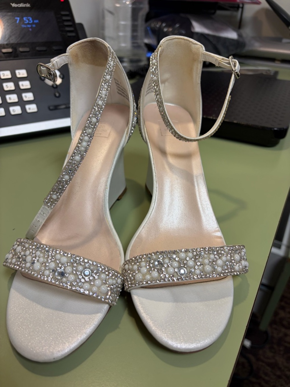 Embellished Ivory Ankle-Strap Wedge Sandals